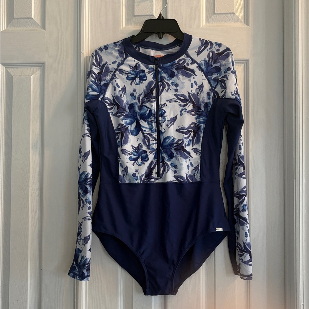 Long Sleeve Navy Floral One-Piece Swimsuit